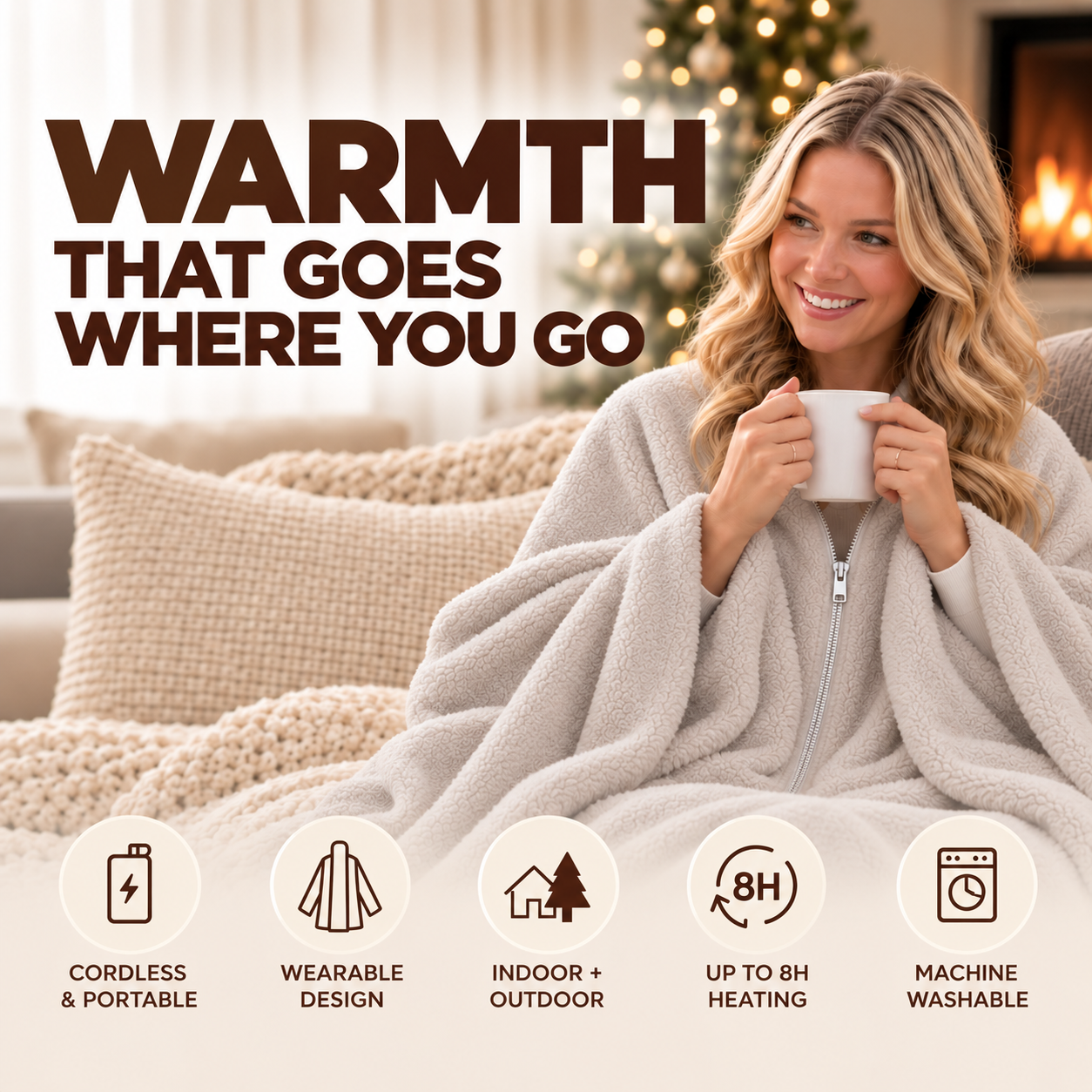 Warmora warmth that goes where you go, with cordless portable heating, a wearable design, indoor and outdoor use, up to eight hours of heat and a washable blanket