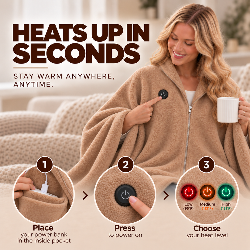 Illustrated steps for connecting a power bank, turning on Warmora and choosing a heat setting
